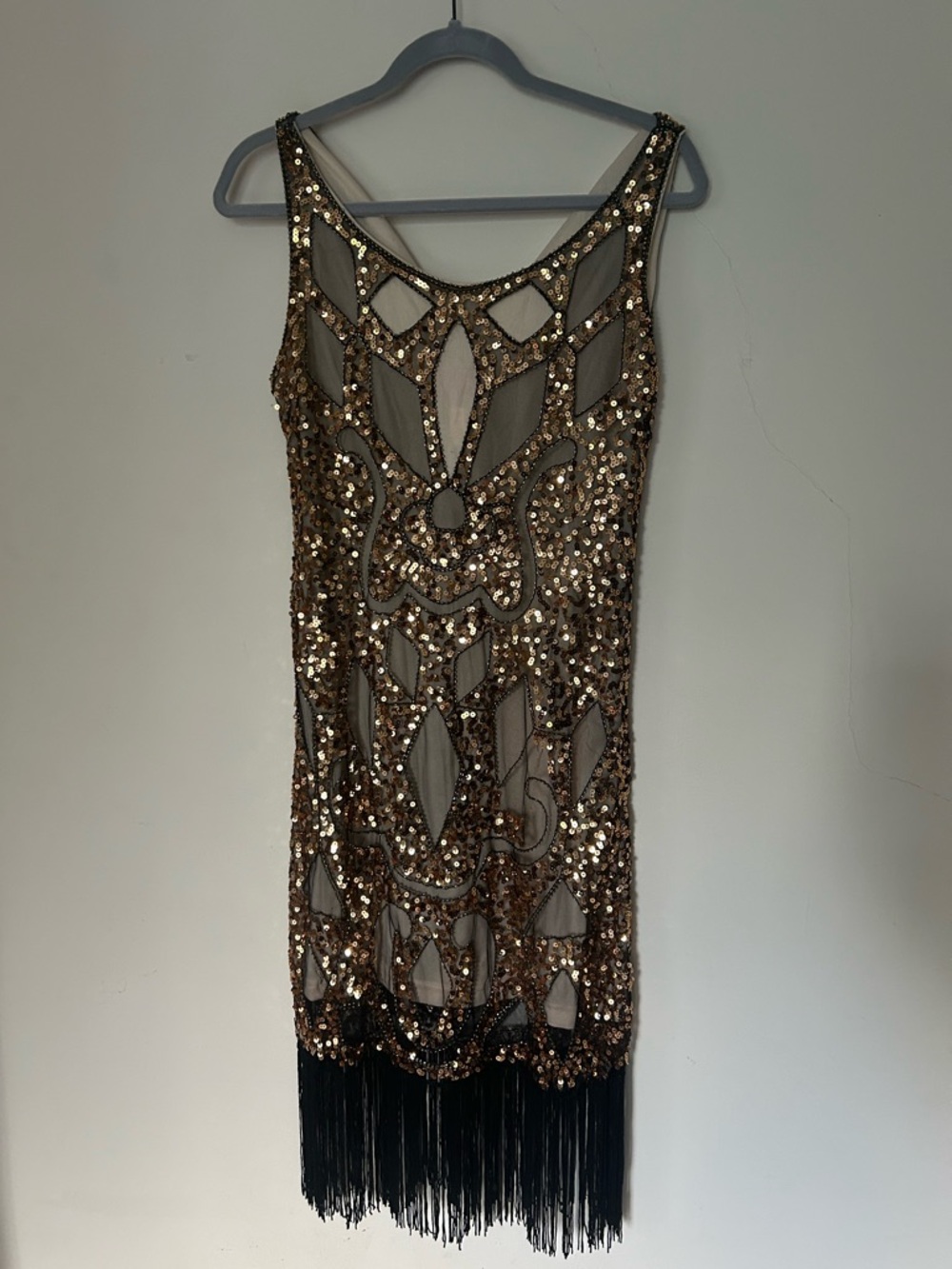 1920 Gold Sequin Fringe Sheer Mini Flapper Dress